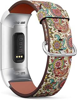 Compatible with Fitbit Charge 4 / Charge 3 / Charge 3 SE - Leather Watch Wrist Band Strap Bracelet with Stainless Steel Adapters (Paisley Flowers)