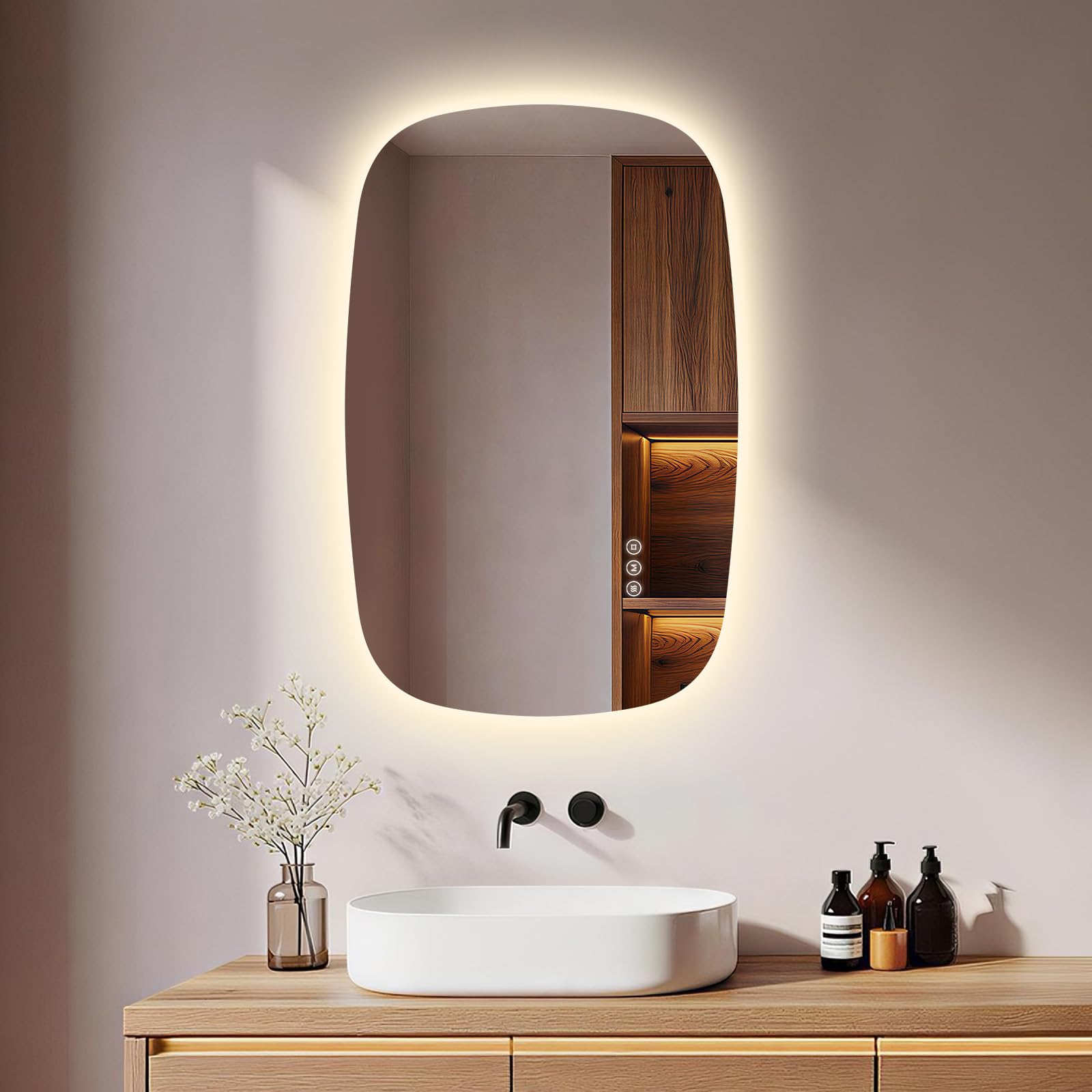 S'AFIELINA Specchio Bagno con Luce Ovale 70 × 45 × 2,5 cm (A × L × P), Interruttore Touch, Dimmerabile, 3 Colori di Luce, Antifog, Funzione Memoria, Specchio Bagno Retroilluminato, HD Vetro Temperato