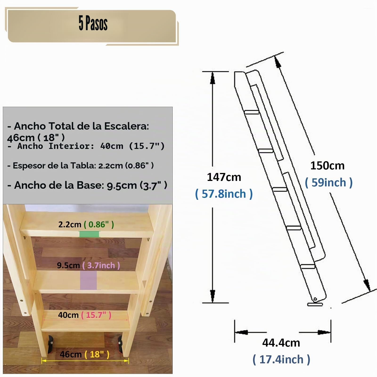 EsEntL Escalera de litera de madera de 6,5 5,7 4,9 4,1 3,2 pies de altura con pasamanos, peldaños de 3,7 pulgadas de ancho, solo escalera de repuesto, 7 6 5 4 3 peldaños para caravana y escuela