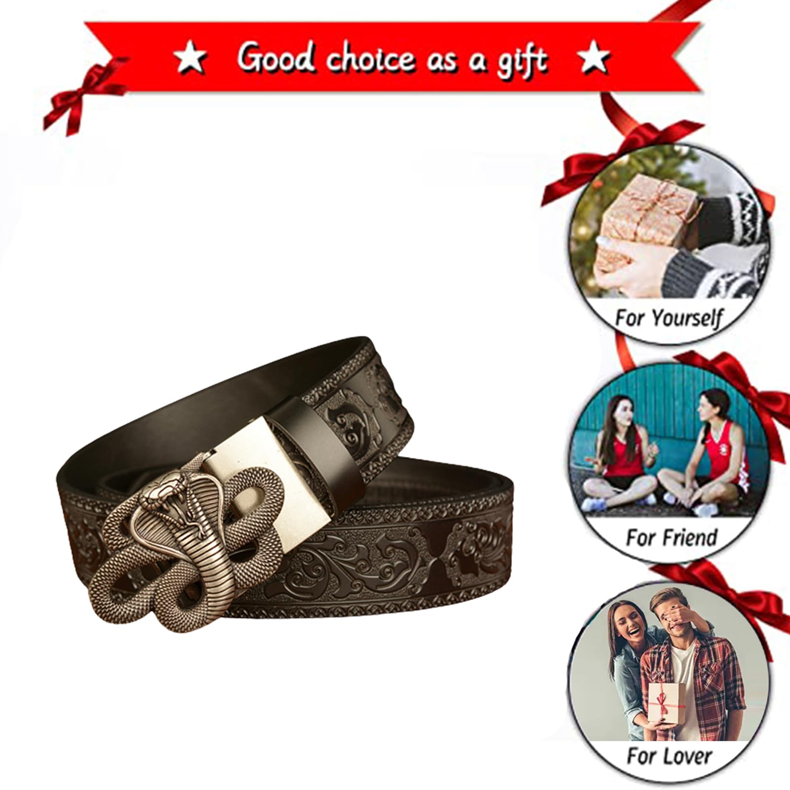 Cinturón De Cuero Con Trinquete Deslizante En Relieve Floral Patrón Serpiente 3D, Ocio Ajustable Hebilla Automática Hecho A Mano (cintura 125 Cm/42 "~ 44", Negro)