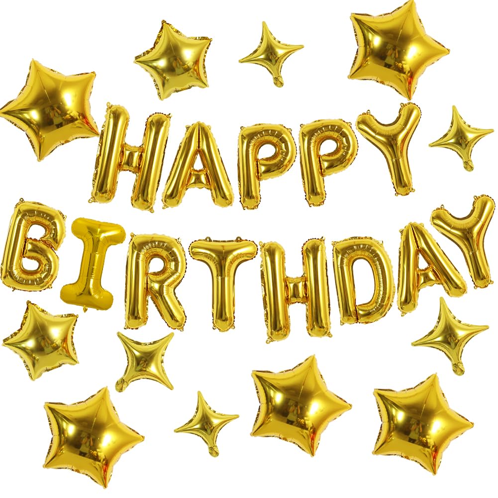 TONIFUL 35PCS Gold Happy Birthday Decorations Kit 16 Inch Happy Birthday Balloon Banner with Star Balloons Mylar Foil Birthday Party Decorations