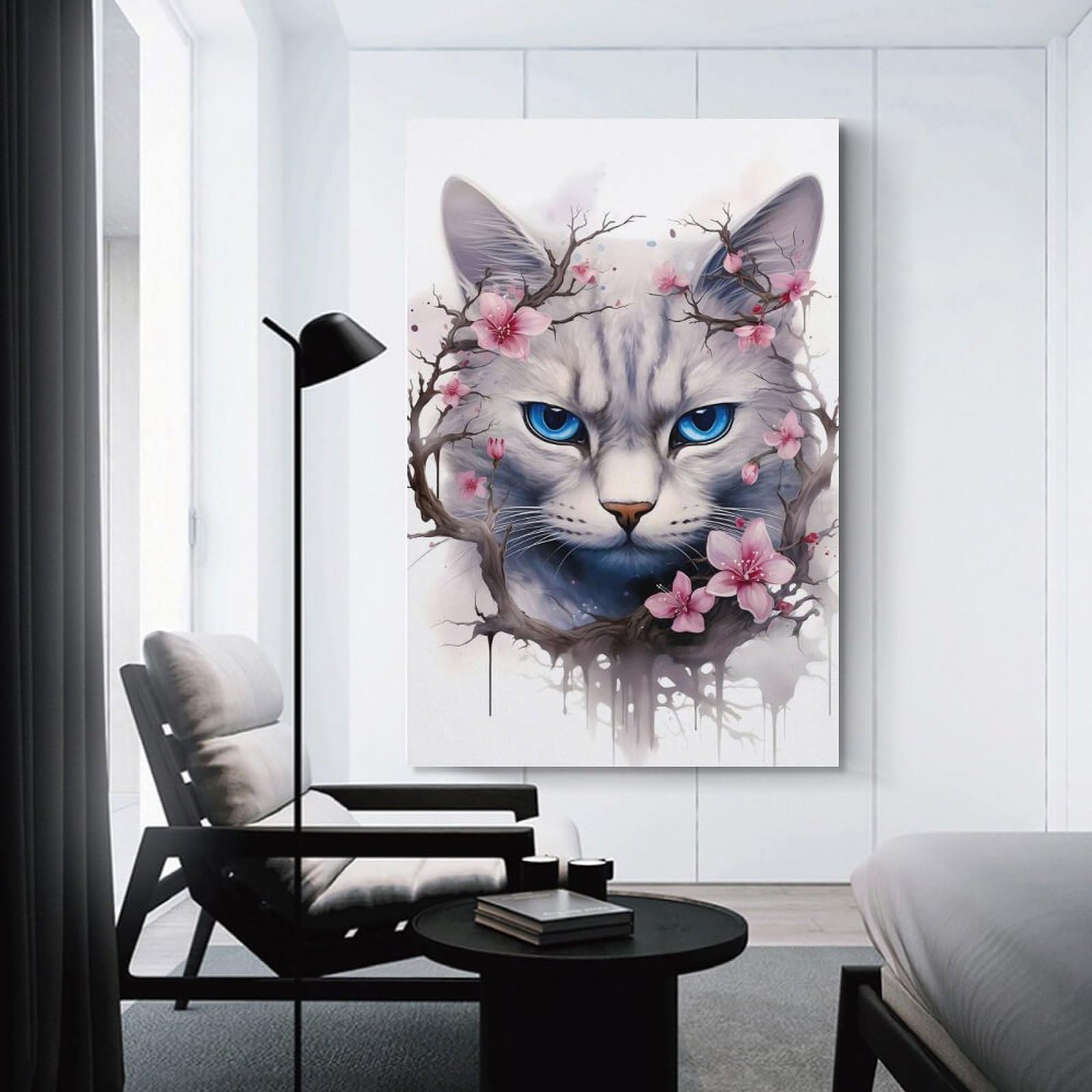 Junmoney Hanging Wall Art Cherry Blossom Gray Cat, 24x36inch(60x90cm), for Small Homes, Bedrooms Or Open Spaces, Wall Decor with Flexible Room Appeal