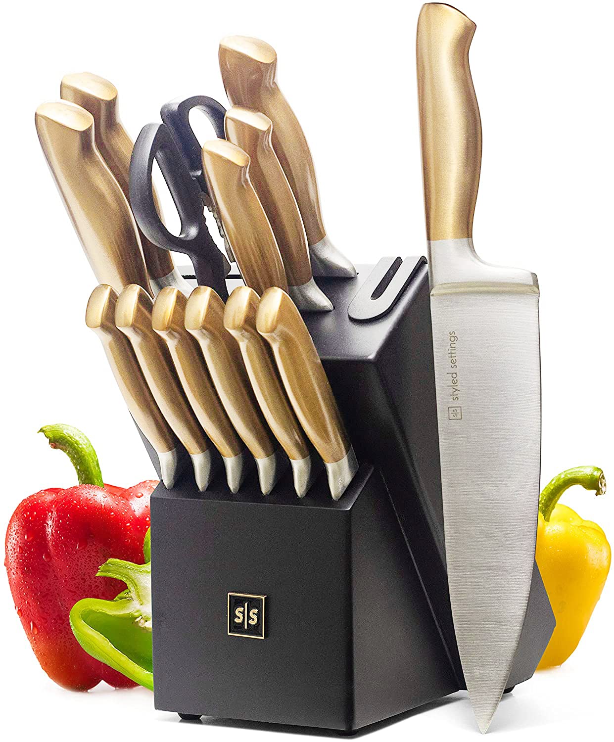 Gold Knife Set with Block 14 Piece Black and Gold Knife Set with