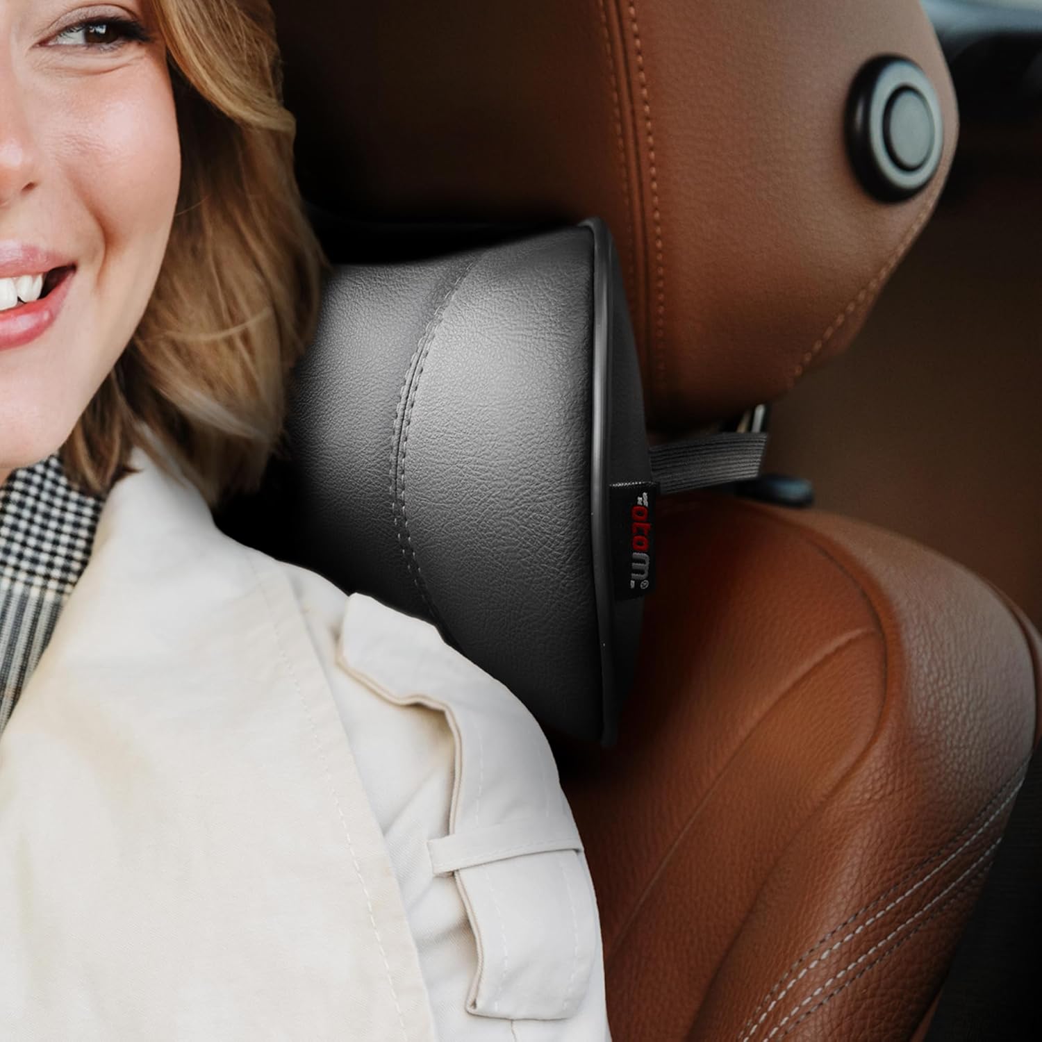 Otom Car Neck Pillow - Ergonomic Faux Leather Headrest Pillow for Driving Comfort | Travel Pillow Fits All Cars, Trucks, SUVs | Luxury Support (Black-Smoked)
