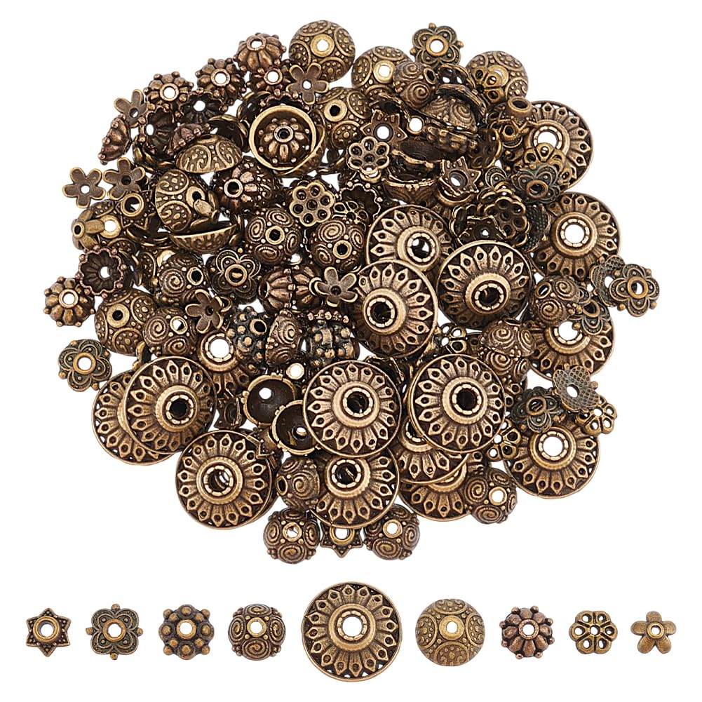 UNICRAFTALE 198Pcs 9 Styles Bead Caps Metal Bead End Caps Cover Tibetan Style Vintage Filigree Flower Bead Caps Antique Bronze Spacer Cap Beads for Earring Necklace Bracelet Jewelry Making