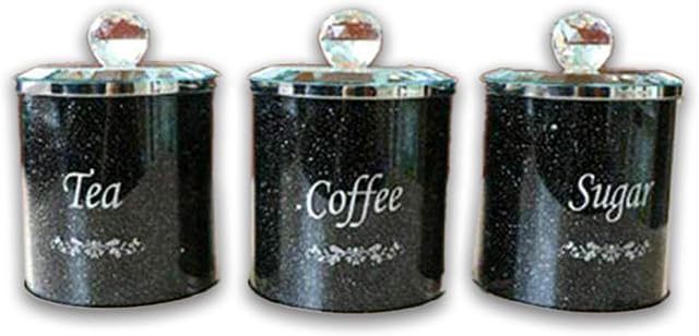 Amazing Gift Diamond Style Crystal containers for Coffee Tea Sugar Kitchen Storage tins, Canisters, Jars Set Crushed Diamond Loose Jewel (Black Crystal/Silver Edge)