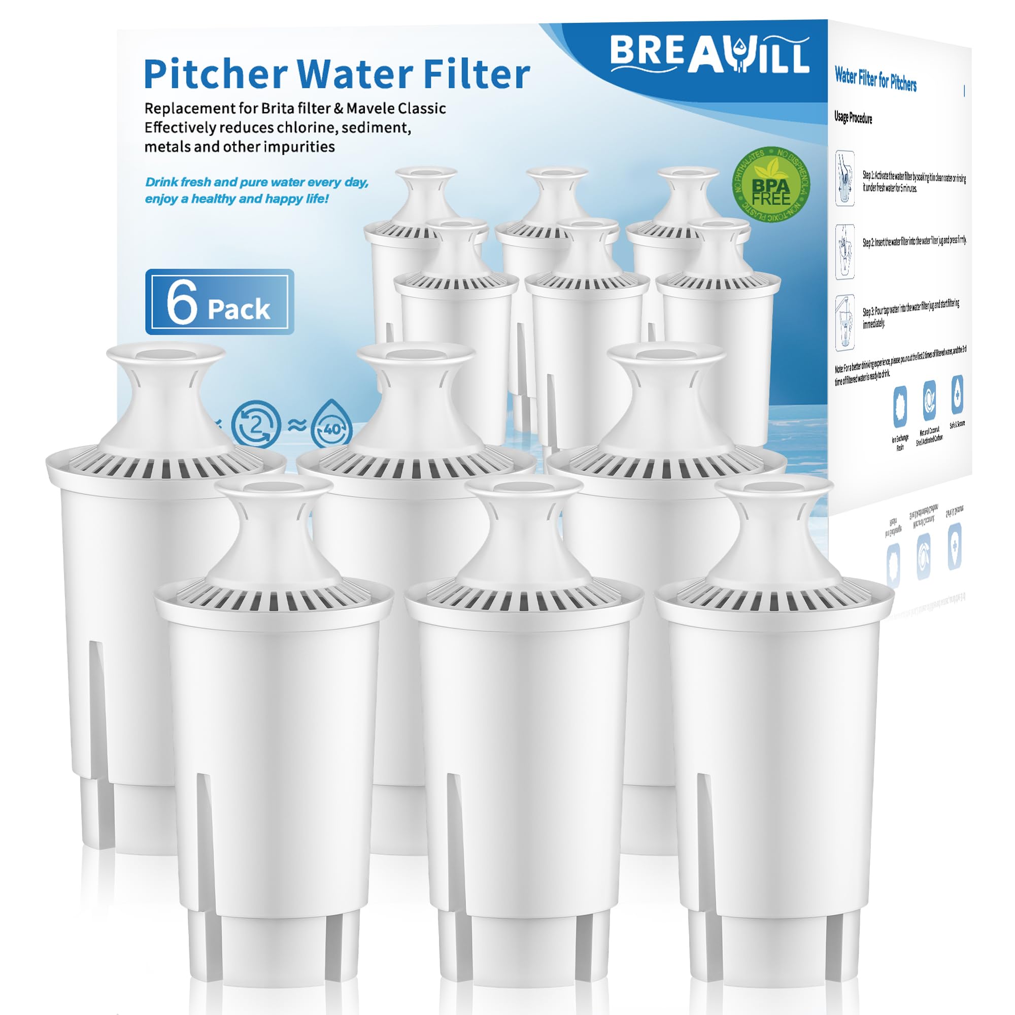 BREAUILL Filtros de agua de repuesto, 6 filtros de agua certificados para jarras Brita®, cartucho de filtro de agua de repuesto para filtro de agua Brita® Classic 35557, OB03, Mavea® 107007