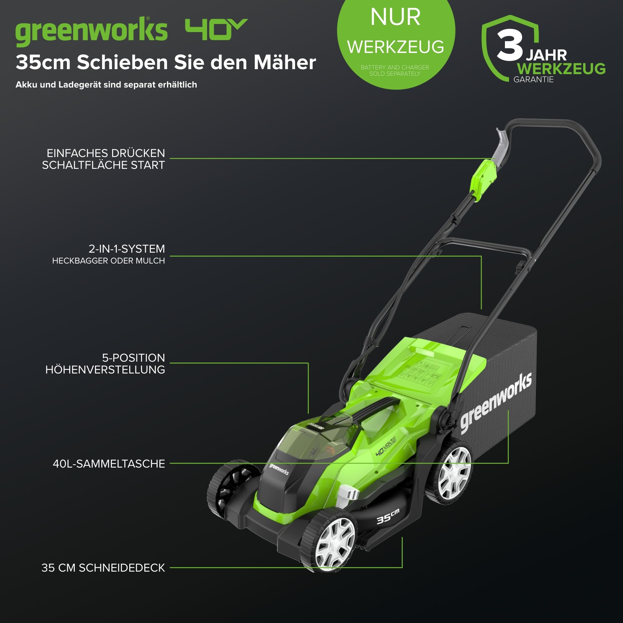 Greenworks Tondeuse à Gazon sans Fil pour Pelouses Jusqu'à 400m², Largeur de Coupe de 35cm G40LM35 & Batterie 40V 4Ah et Chargeur Universel Puissance 2A - GSK40B4 Plus Batterie 40V 5Ah - G40B5