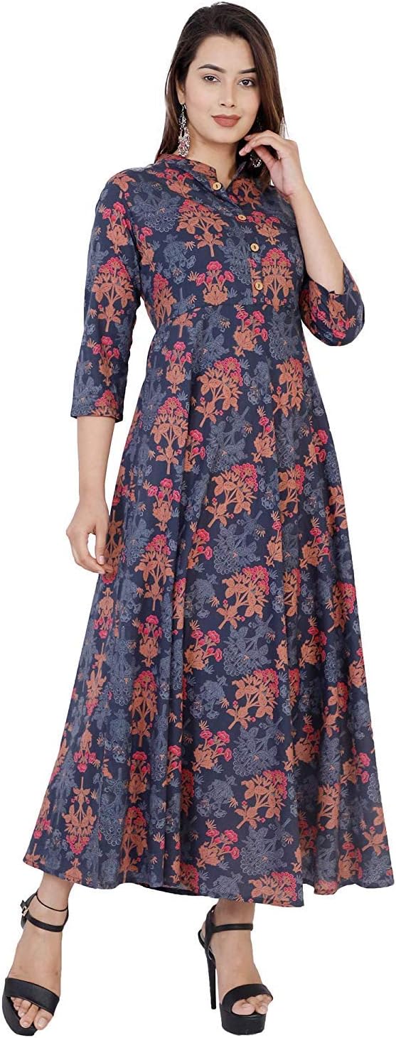MoniqueBrand Women's/Girls Cotton Rajasthani Jaipuri Printed Maternity Summer Long Kurti Dress Made in India (Free Size__MD-KRBEL-XXL__upto44xl_)