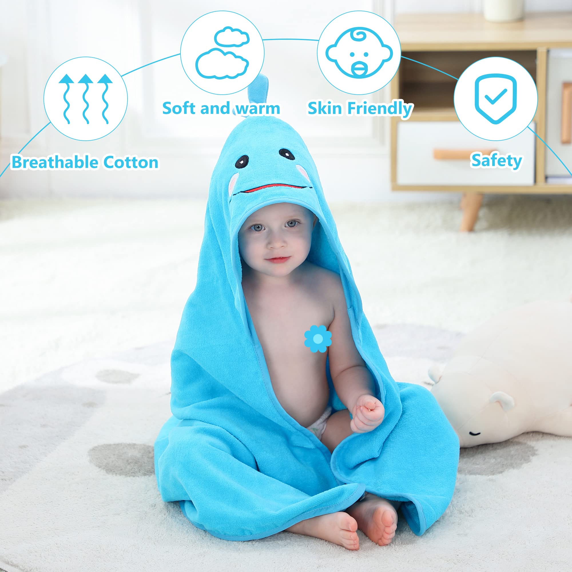 Unisexe Bébé Enfant en Bas âge Enfants Animal Capuche Coton Douche Plage Serviette de Bain Robe de Bain, 0-6 Years Old, 90x90cm, Bleu