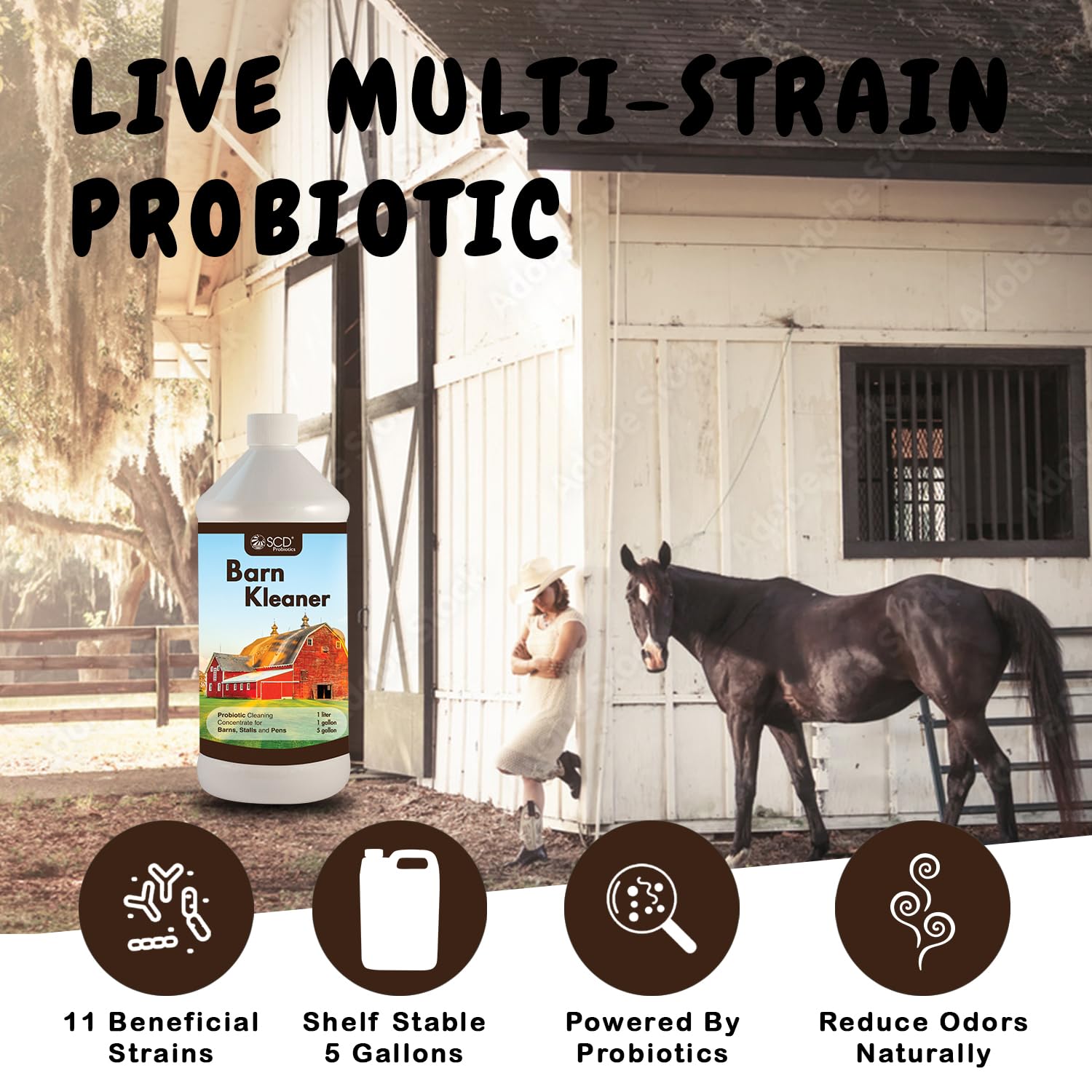 SCD Probiotics Barn Kleaner - Concentrated Stall Cleaner, Manure Treatment & Natural Deodorizer For Barns, Stalls & Animal Pens (128 Fl. Oz)