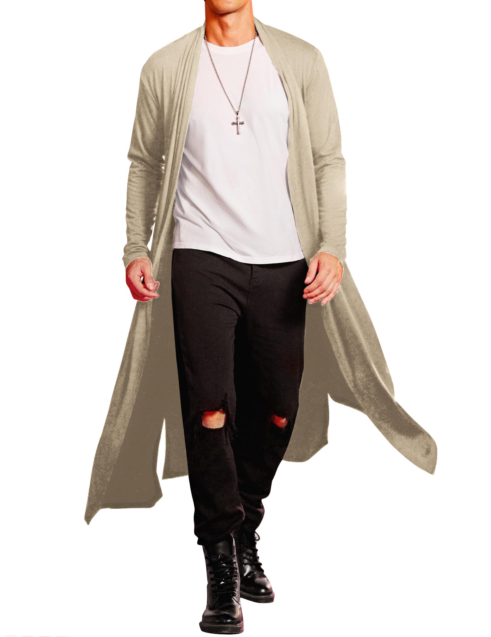 COOFANDY Men's Lightweight Ruffle Shawl Collar Cardigan Open Front Long Length Drape Cape Overcoat