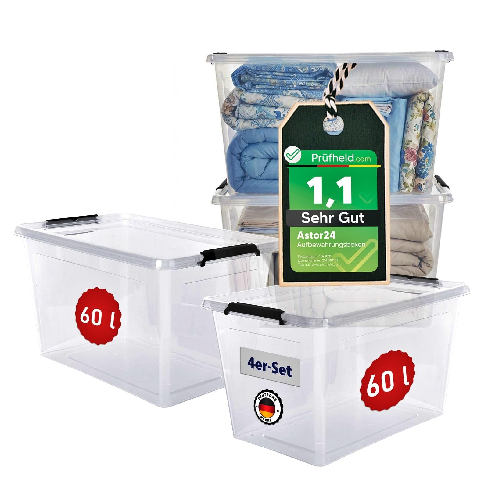 astor24 [Test SEHR GUT, NOTE 1.1] Aufbewahrungsboxen mit Deckel, 4x 60 L, transparente Boxen, lebensmittelechte Stapelboxen, Ideale Aufbewahrung für Büro, Kinderzimmer, Kleiderboxen, Küche, Werkstatt