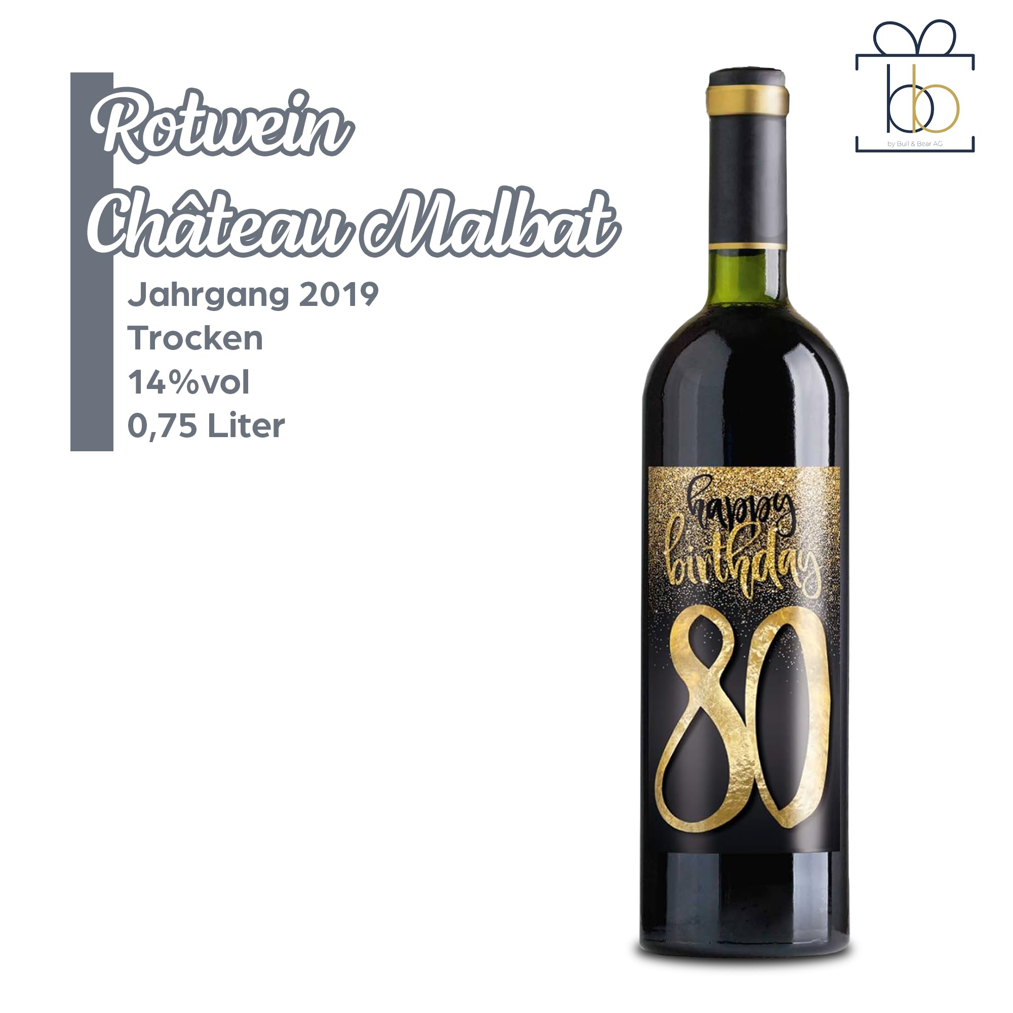 Bull & Bear Wein-Geschenk"Happy Birthday 80", Geschenk zum 80. Geburtstag, Rotwein 14%, Merlot
