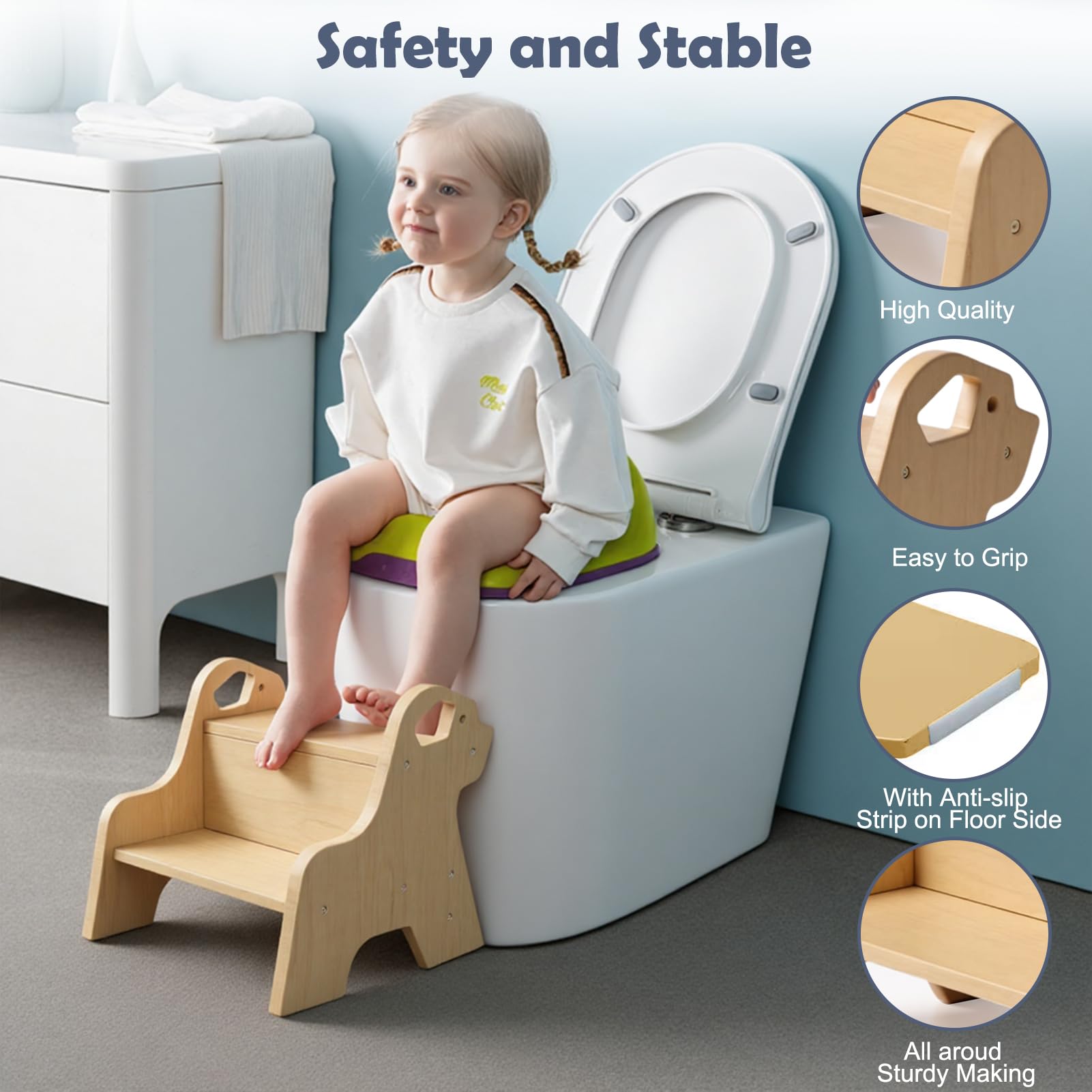 Tritthocker für Kinder - 2-Stufig Hocker Kinderschemel (Holzfarben) | Antirutschmatte und Griff, Multifunktional Tritthocker Holz für Badezimmer, Küche, Kinderzimmer, Kinder, Erwachsene, Senioren
