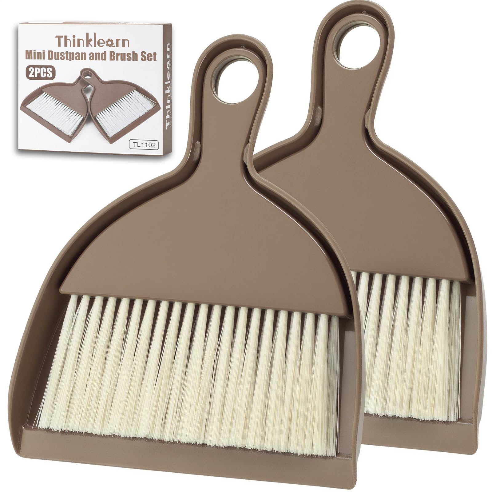 THINKLEARN 2PCS Small Broom and Dustpan Set, Mini Dust Pan and Brush, Hand Whisk for Pets, Kids, Desk, Home, Camping, Brown Cleaning Supplies