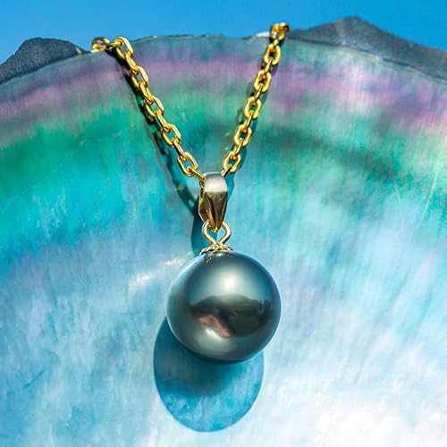 Miniatura 2 de 9-12MM Genuine Tahitian Black Pearl Necklace, AAA Quality Handpicked Nature Tahitian Black Pearls, 18K Solid White GoldYellow Gold Pendant, 40+2+3mm