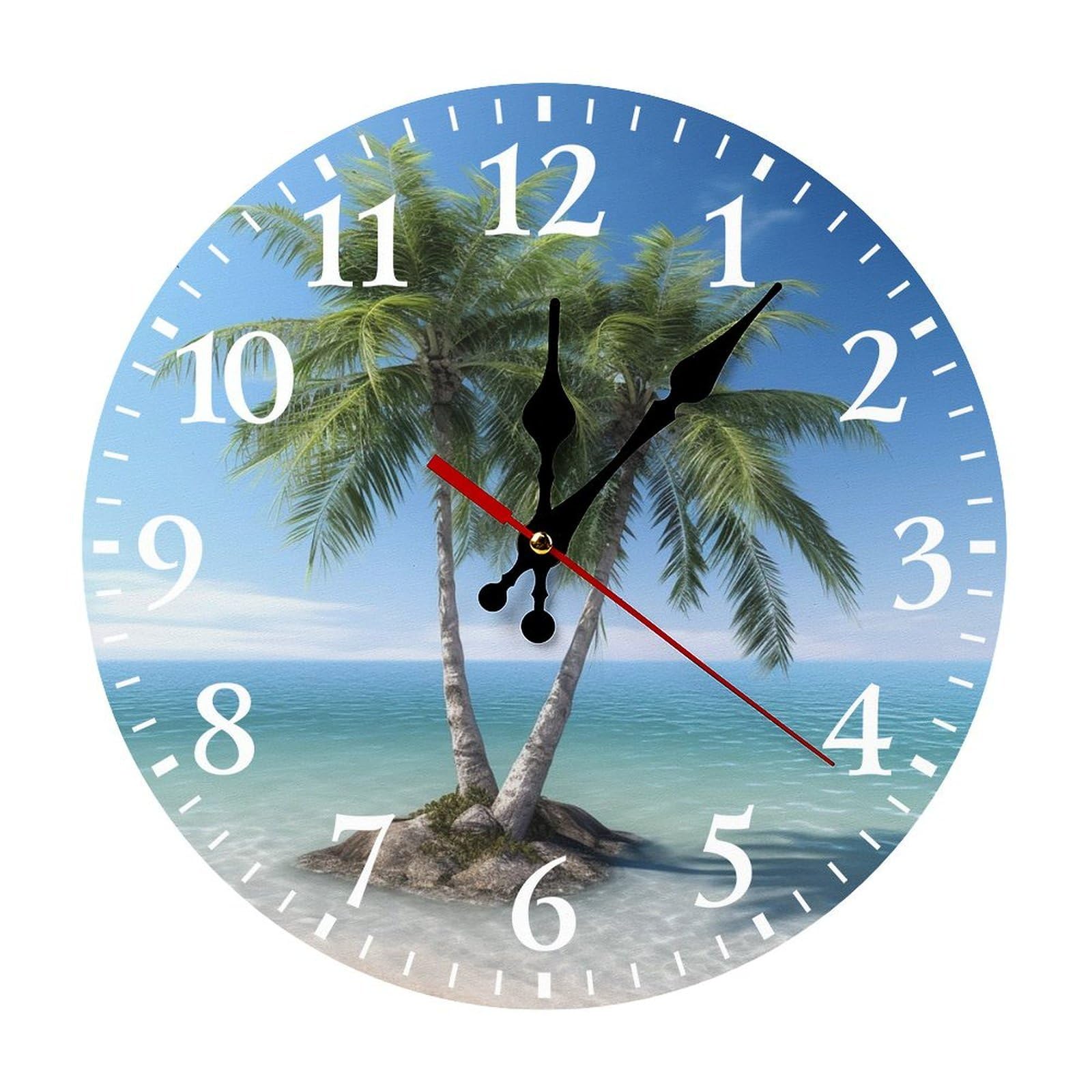 NTVOWPZO 10 Inch Wall Clock Sea Palm Trees Battery Operated Wall Clocks Silent Non-Ticking Round Wall Clock for Living Room Kitchen Home Office Wall Decorative Clock