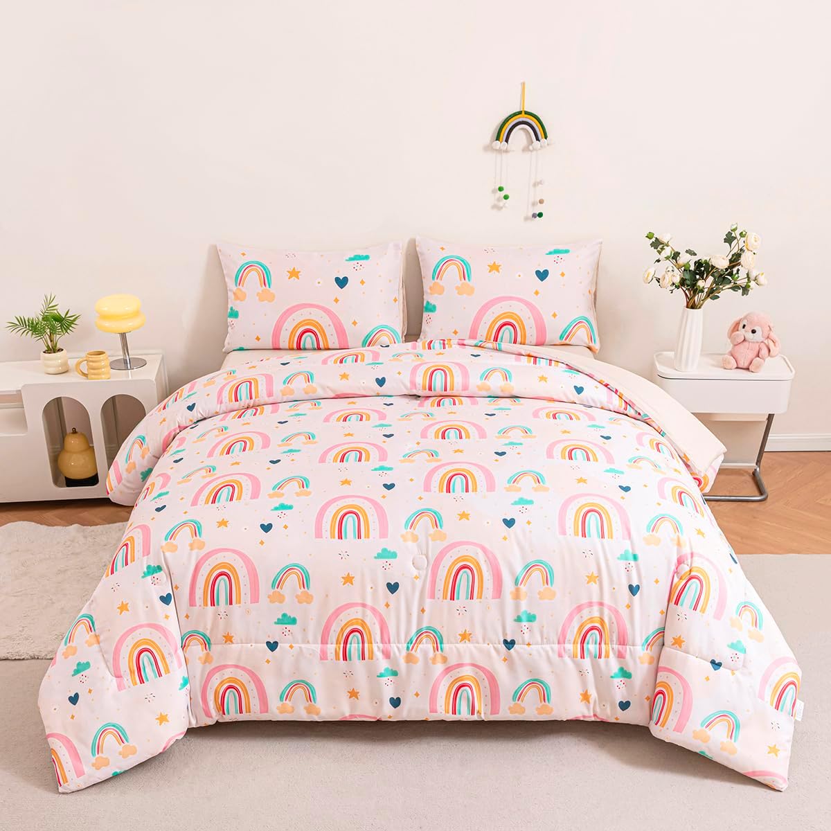 Girls Twin Bedding Sets Pink Rainbow Comforter Set for Girls Colorful 3 Pieces Kids Rainbow Bed Set with Love Hearts Cloud Pattern(Love Hearts, Twin) Pink Twin(3 Piece)
