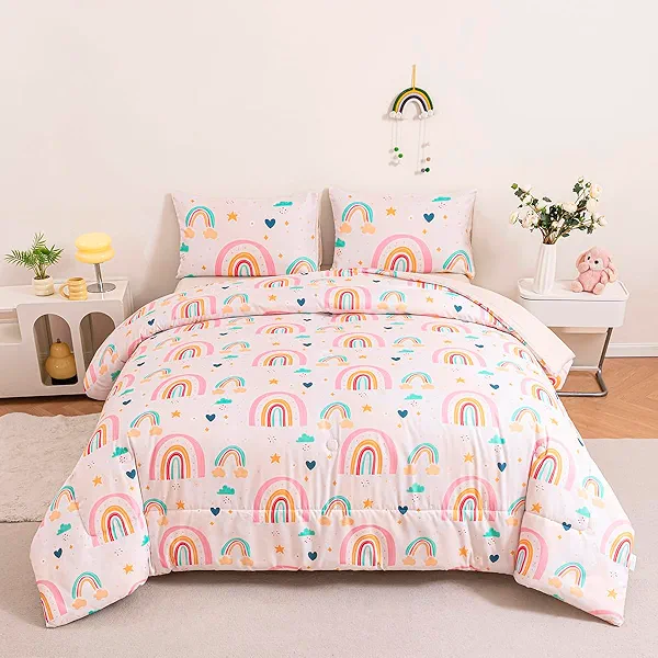 ZSYAYAHA Full Size Bed Sets for Kids 3 Pieces Rainbow Bedding Set for Girls Cozy Soft Kids Rainbow Comforter Set for All Season(Love Hearts, Full)