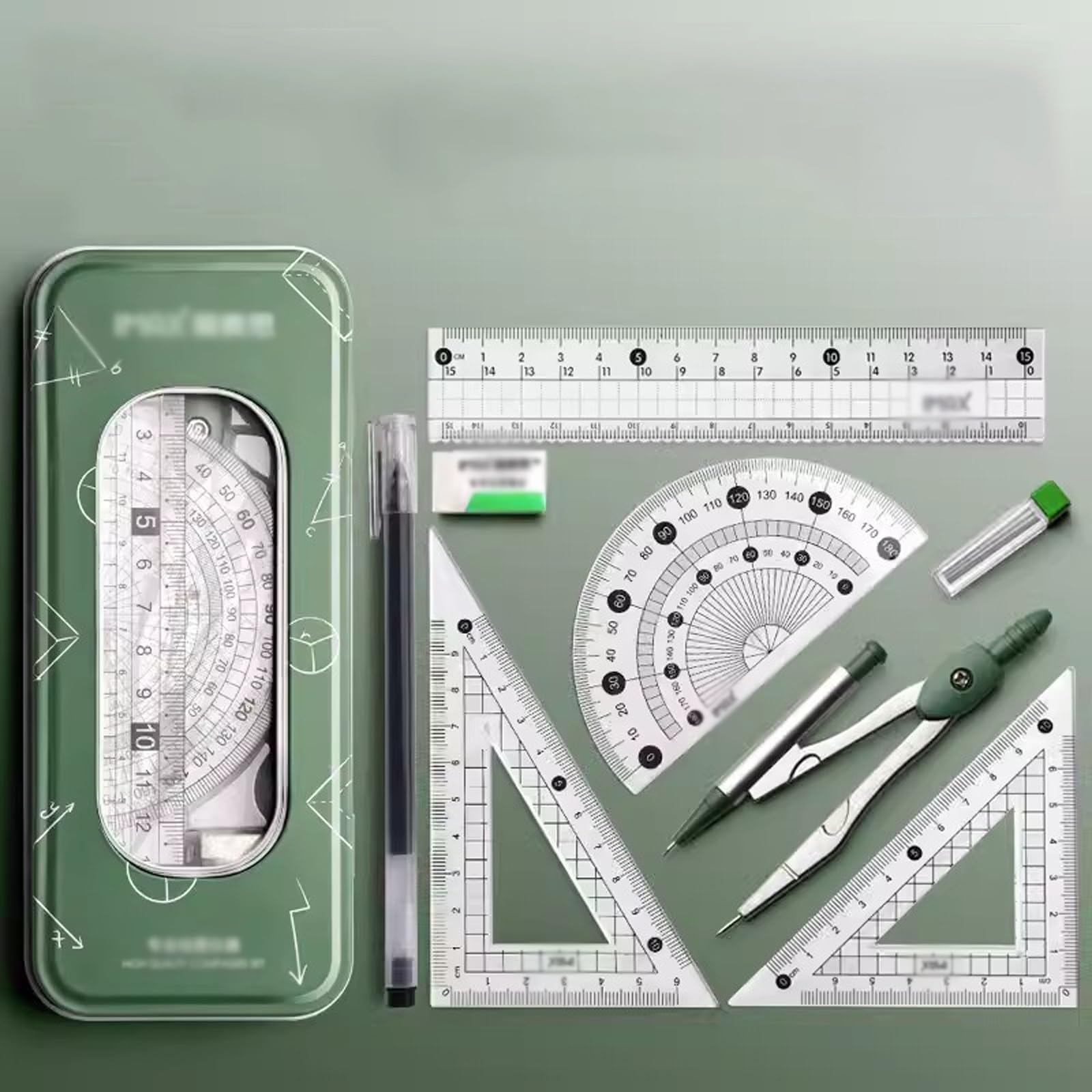 Mathe-Set, Winkelmesser-Set, Zeichenkompass, Mathematik-Geometrie-Set, 8-teilig, mit Aufbewahrungsbox, Schülerbedarf, Zeichenkompasse, einschließlich Winkelmesser, Lineal, Zirkel, Nachfüllung, Stift,