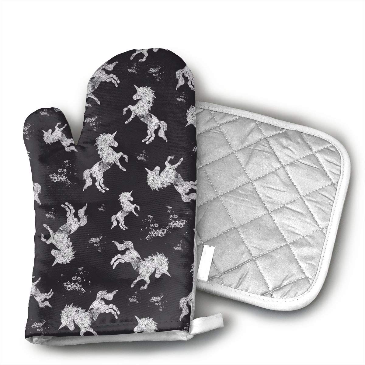 Fechahao Chalkboard Unicorn Oven Mitts of Quilted Cotton Lining - Heat Resistant Kitchen Gloves,Flame Oven Mitt Set