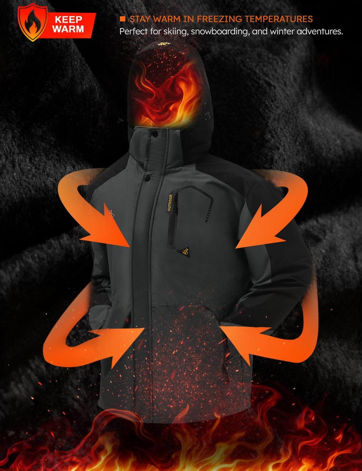 ASPO Men's Waterproof Ski Jacket Winter Warm Snow Coat Fleece lined Snowboard Hooded Mountain Windbreaker Raincoat Hiking