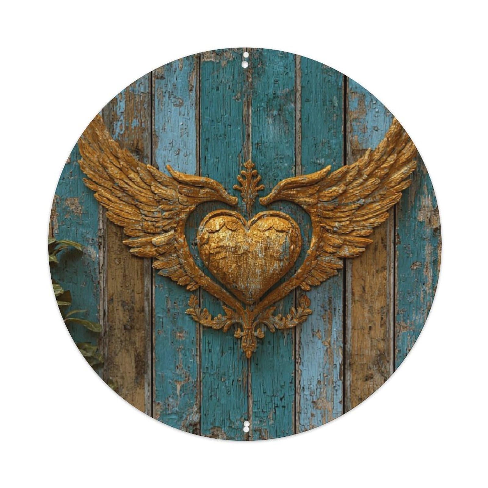 Golden Winged Heart Ornament Retro Metal Sign Round Tin Sign, Vintage Decor Art Poster for Bar, Home, Man Cave, Kitchen, Laundry Room Gift 8x8Inch