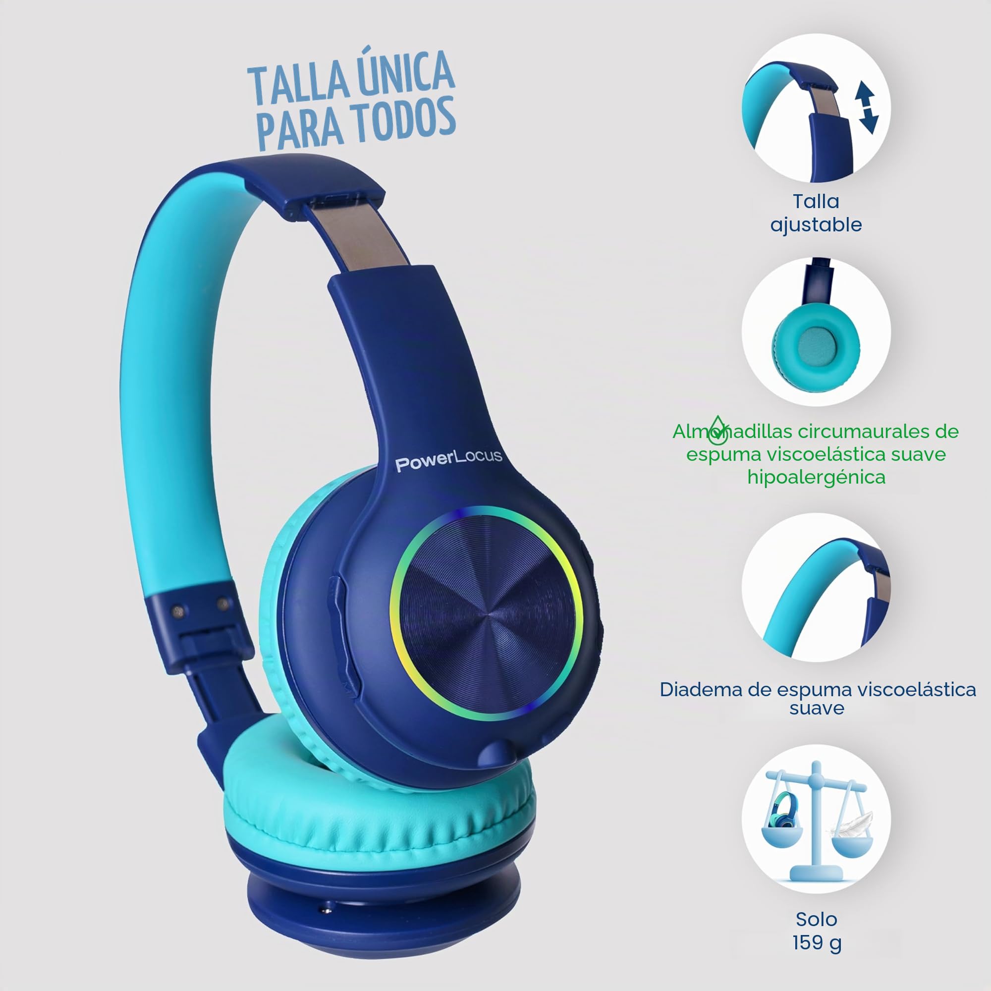 PowerLocus - Auriculares Bluetooth Plegables inalámbricos para niños con Luces LED, HD estéreo, USB-C de Carga rápida, micrófono Integrado, SD Modo y con Cable para iPhone/Tabletas/TV