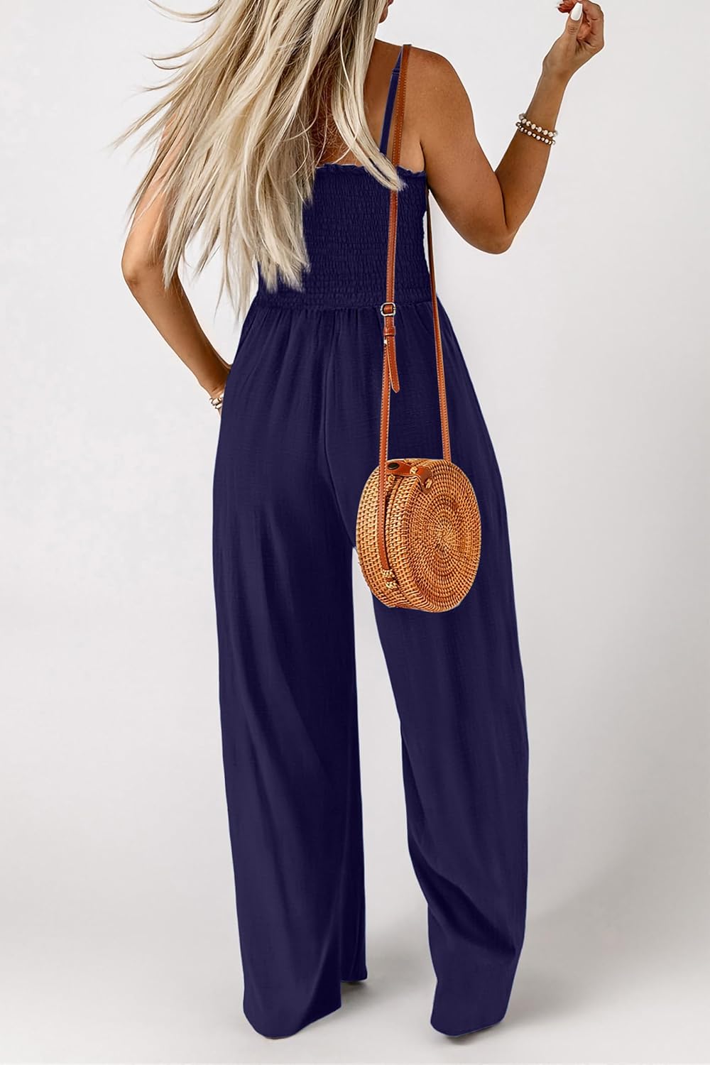 Women's Summer Casual Jumpsuits One Piece Outfits Square Neck Sleeveless Spaghetti Strap Wide Leg Rompers with Pockets - Image 4