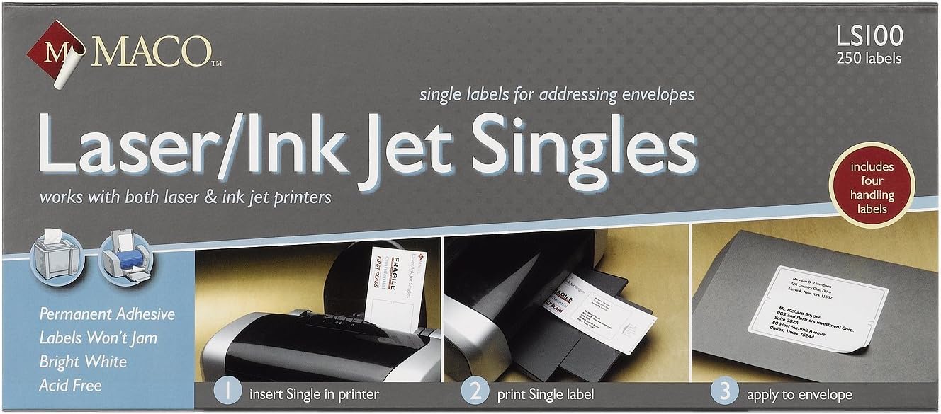 MACO Laser/Ink Jet Singles Shipping Labels, 3-3/8 x 4-1/4 Inches, 1 Per Sheet, 250 Per Pack (MLS-100)