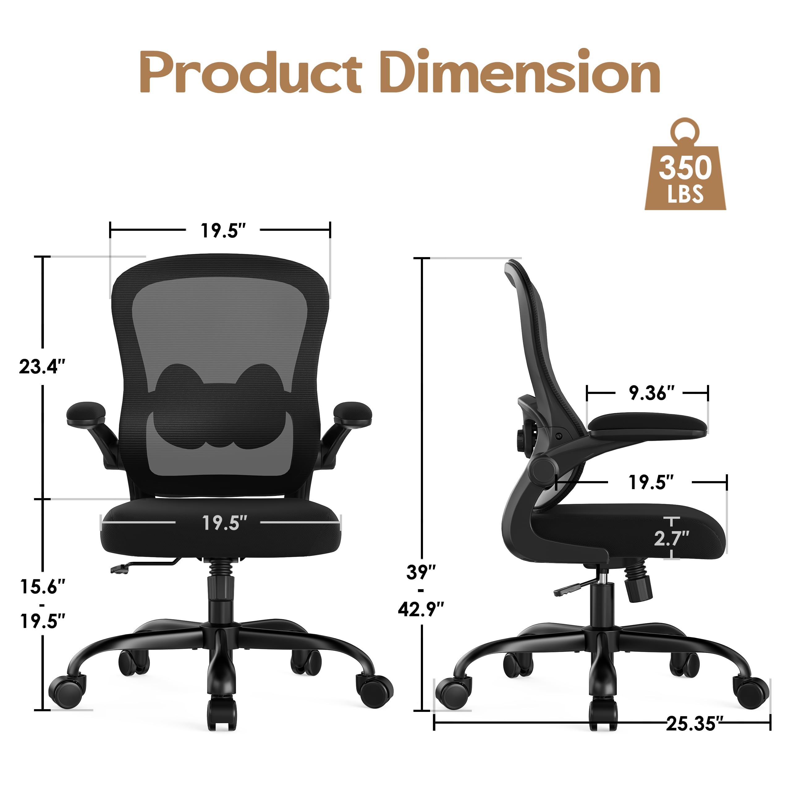 Farini Sedia da ufficio ergonomica in rete, braccioli pieghevoli, supporto lombare regolabile, girevole a 360°, ruote, per casa e scrivania, nera