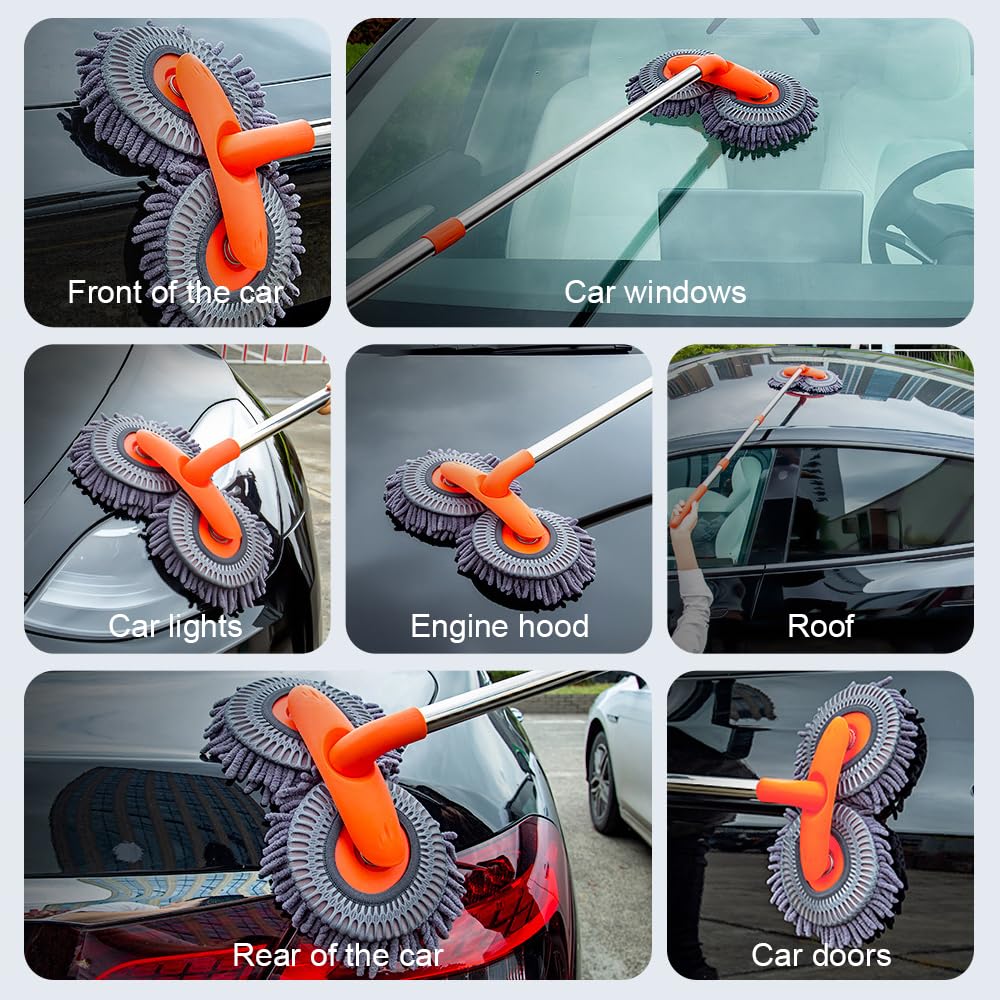 Cepillo de lavado de coche, mopa de limpieza de microfibra, limpiador de parabrisas de doble cabeza, cepillo giratorio para un lavado eficaz y accesorios de limpieza de cristales