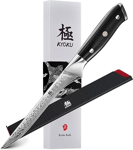 KYOKU Cuchillo para deshuesar de 7 pulgadas, de la serie Shogun, con núcleo de acero VG10 forjado estilo japonés, hoja de Damasco, con funda y