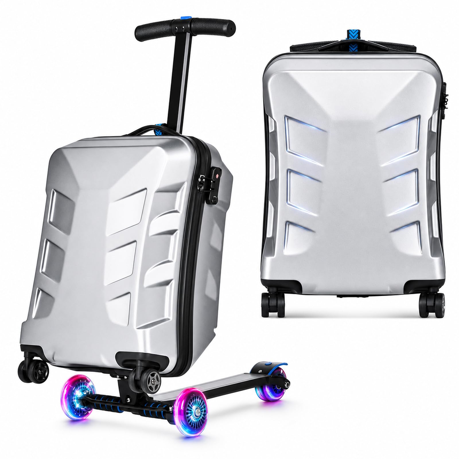 Scooter Suitcase for Kids & Adults,3-D Hardshell Ride On Scooter Luggage with Led Light Up Wheels,TSA Lock,Lightweight Foldable Carry On Rideable Suitcase for Children Teenagers (Silver, 21-inch)