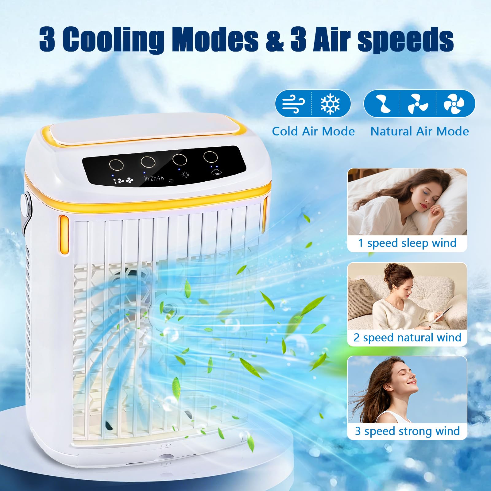 4 w 1 przenośny klimatyzator z pilotem zdalnego sterowania, mini klimatyzator 3 prędkości timer 2 tryby zimnej mgły i 7 RGB zbiornik 1000 ml wentylator wody do pokoju i biura