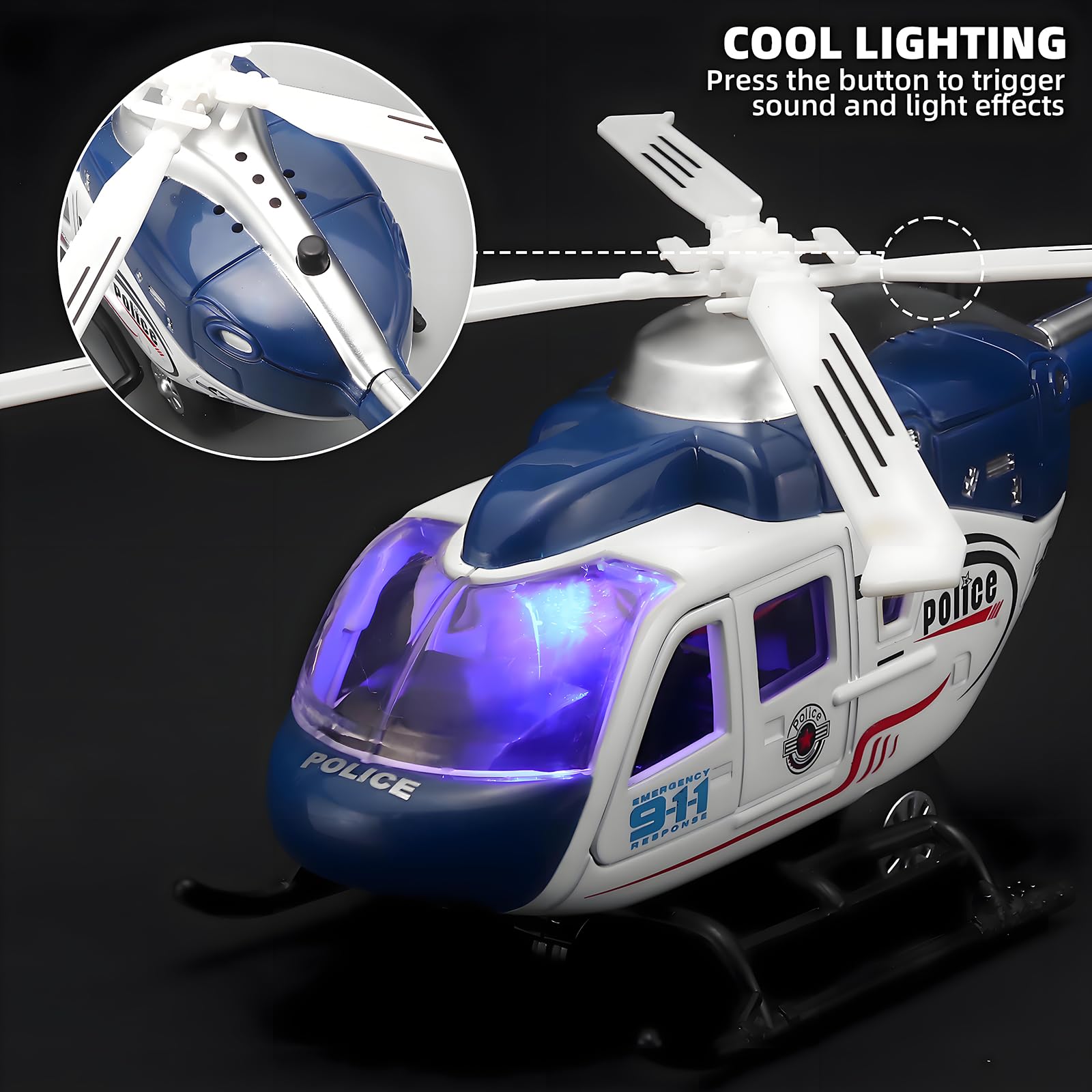 Kit de helicóptero para niños, modelo militar fundido a presión, juguete de tracción con luces y sonido, hélice giratoria, edad de 4 a 7 años (azul) 3