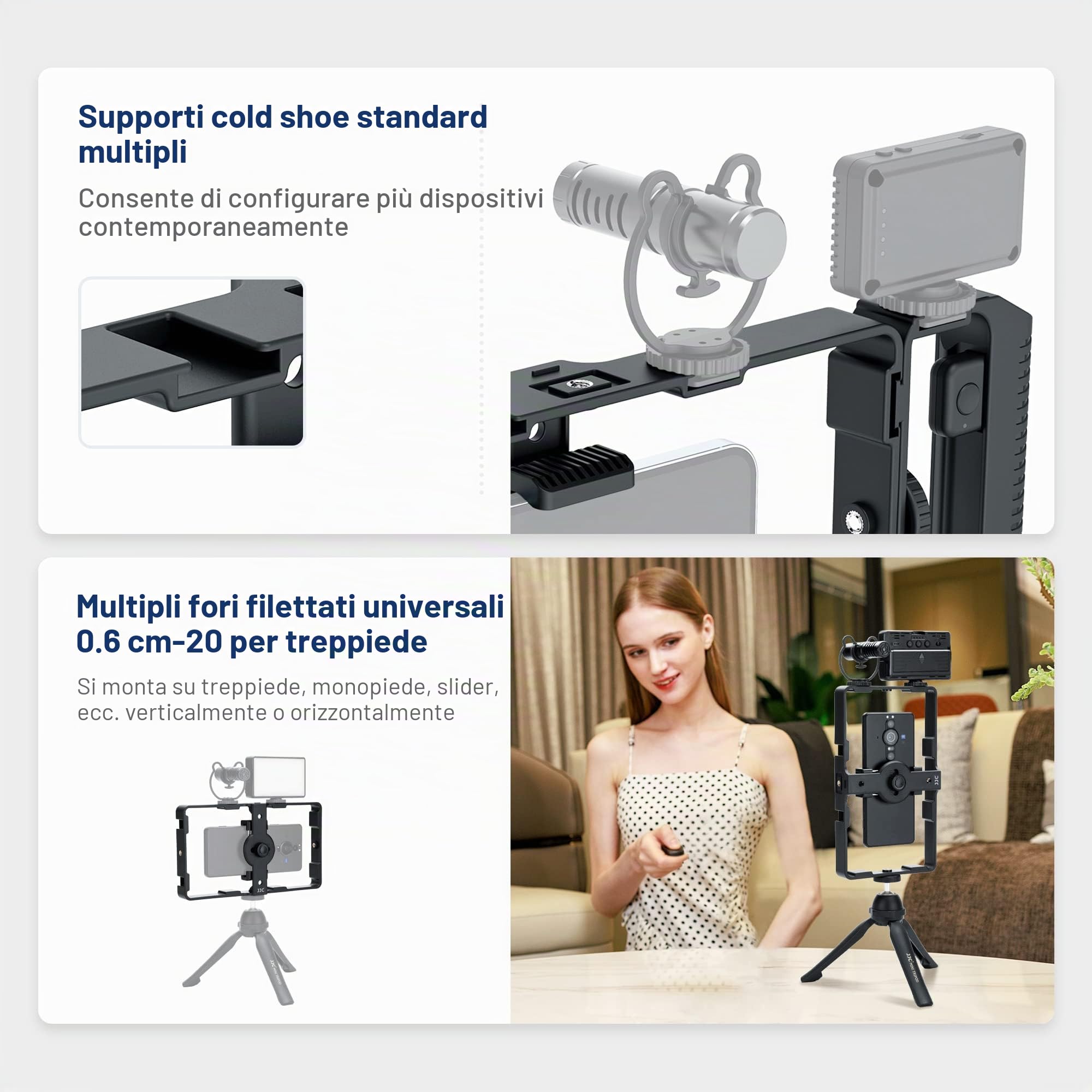 [Multiuso] JJC - Supporto video universale per smartphone + kit di controllo remoto Bluetooth per iPhone 17 16 15 14 13 12 11 Pro Max Huawei Samsung Mobile Phone Video Stabilizzatore portatile riprese