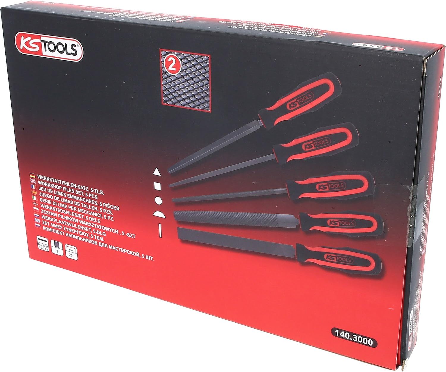 KS Tools - 140.3000 - Jeu de 5 limes emmanchées demi-douces plate, carrée, triangulaire, demi-ronde, ronde - Poignée bi-matière - Longueur 200mm
