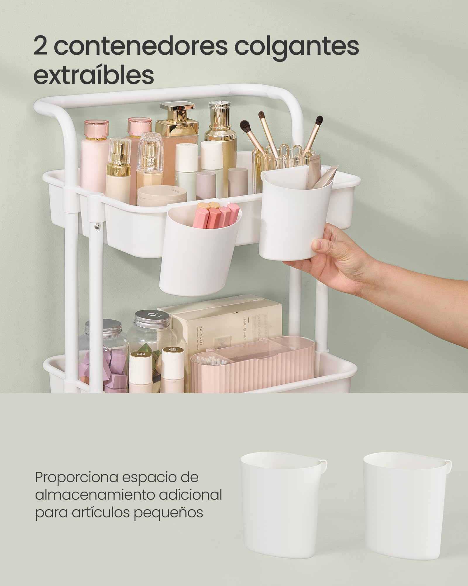 SONGMICS Carro Rodante, Caritro de Almacenamiento de 4 Niveles, con Mango, 2 Organizadores Pequeños, Marco de Acero, Cestas de Plástico, para Dormitorio, Lavadero Baño, Blanco BSC077WZ01