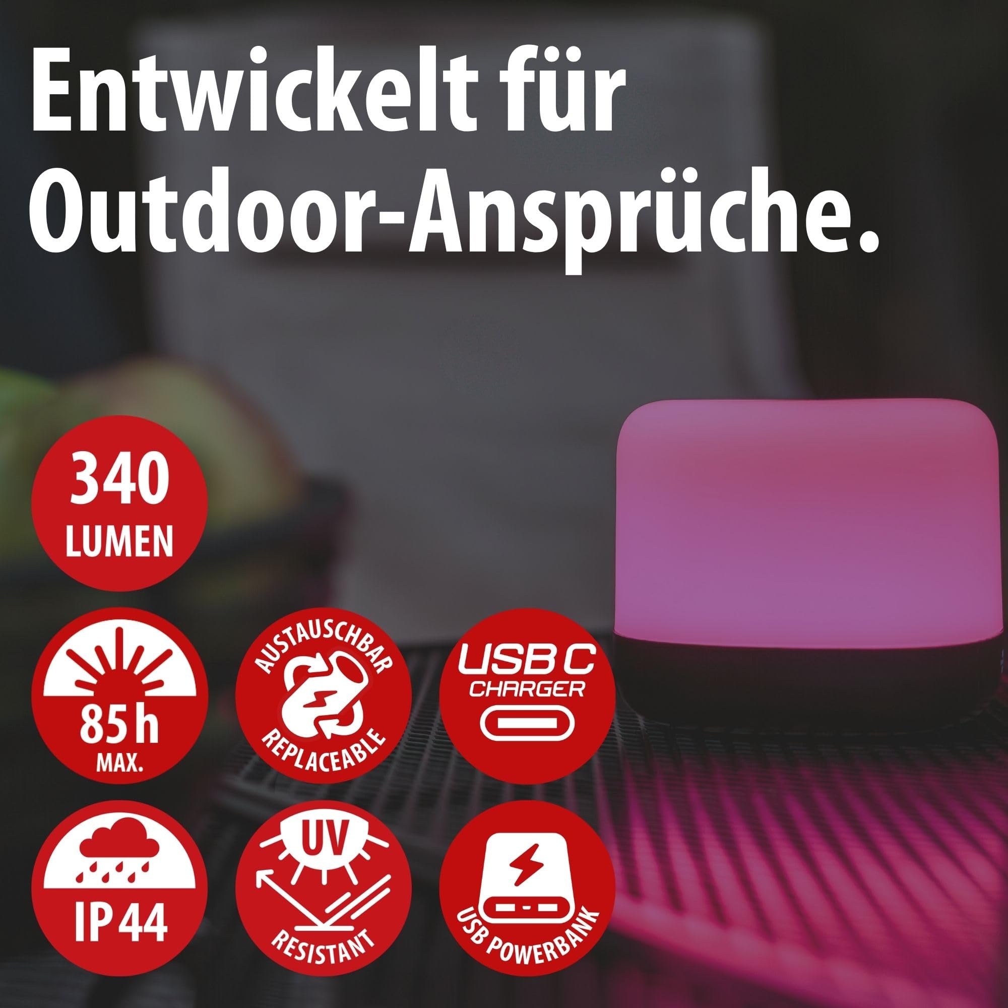 Brennenstuhl Akku Solar LED Outdoor Leuchte RGB GL 100 ASR | Campinglampe IP44 mit 340lm, 10%-50%-100% warmweiß – RGB Farbwechsel, bis zu 85h Leuchtdauer, Powerbank, austauschbarer Akku