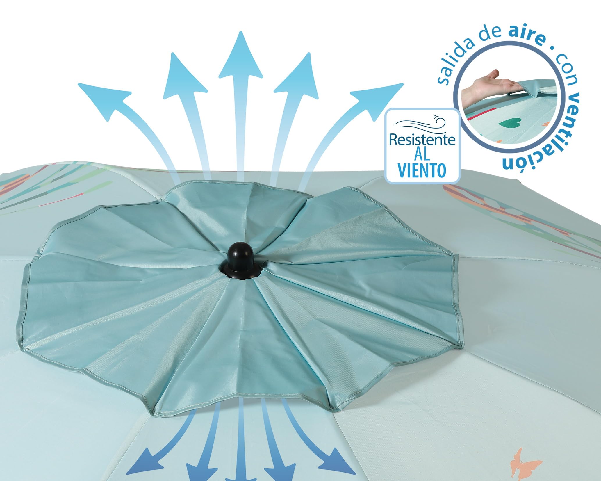Atosa Strandschirm Ø 180 bis 220 cm, neigbar, aus Aluminium, Schmetterlinge mit UPF 50+ in verschiedenen Farben, blau, 180 CM, Bohemien