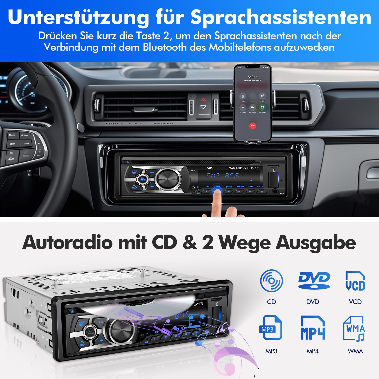 Autoradio mit CD Bluetooth Freisprecheinrichtung, Bluetooth 1 Din Autoradio USB/TF/ MP3 Player/AUX in,FM/AM Auto Radio,RDS,RCA,Auto Finden Funktion,60W*4,Schnellladefunktion