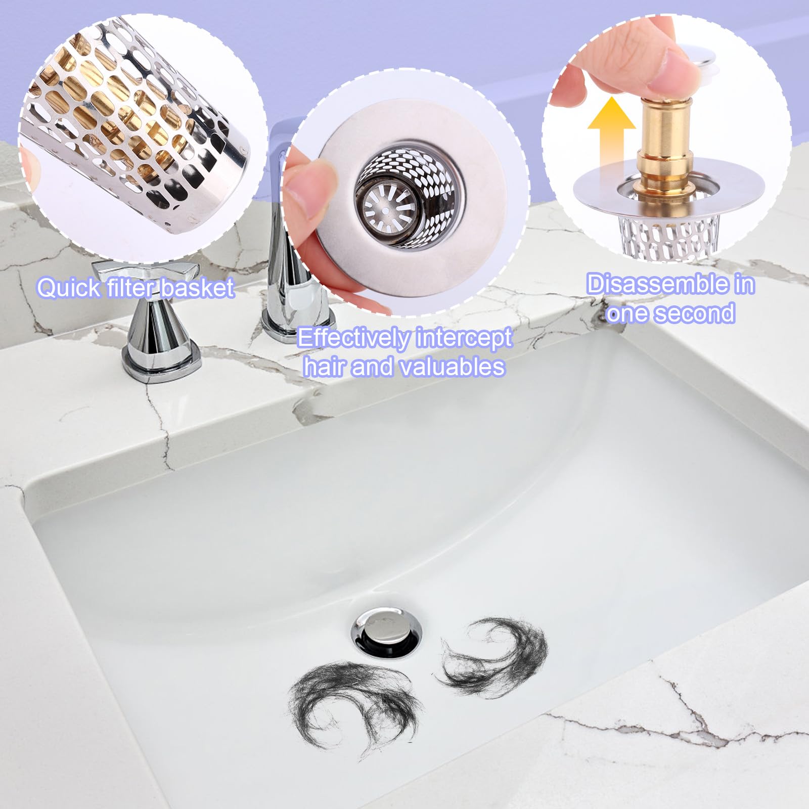 2-Pack Bathroom Sink Stopper – Universal Pop-Up Drain With Hair Strainer, Fits 1-1.5 Holes 2-Pack Bathroom Sink Stopper – Universal Pop-Up Drain With Hair Strainer, Fits 1-1.5 Holes