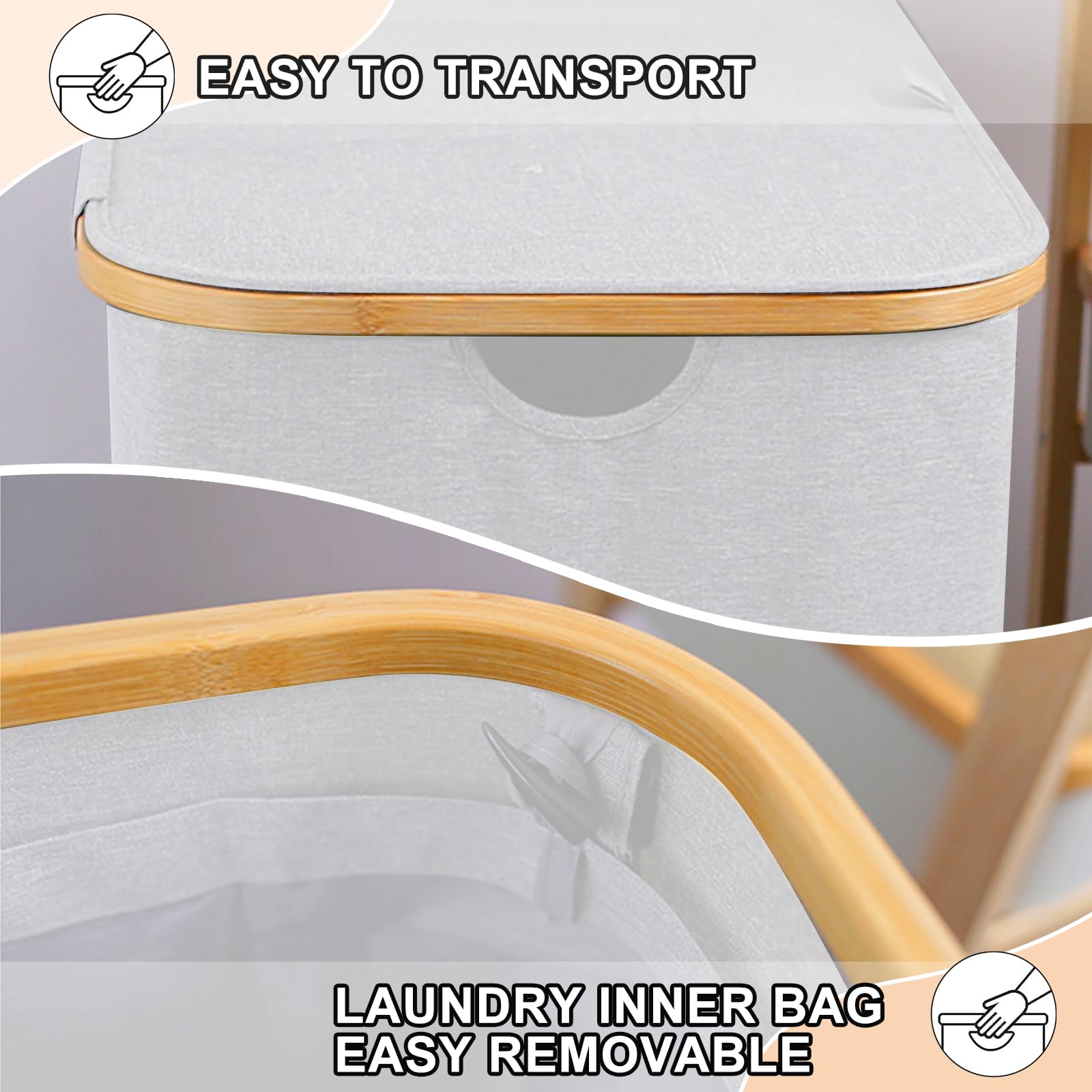 ELONG HOME Cesto Portabiancheria Pieghevole 100L Con Coperchio – Grigio, Fodera Rimovibile E Manici In Bambù – Perfetto Per Bagno E Camera Da Letto - 4