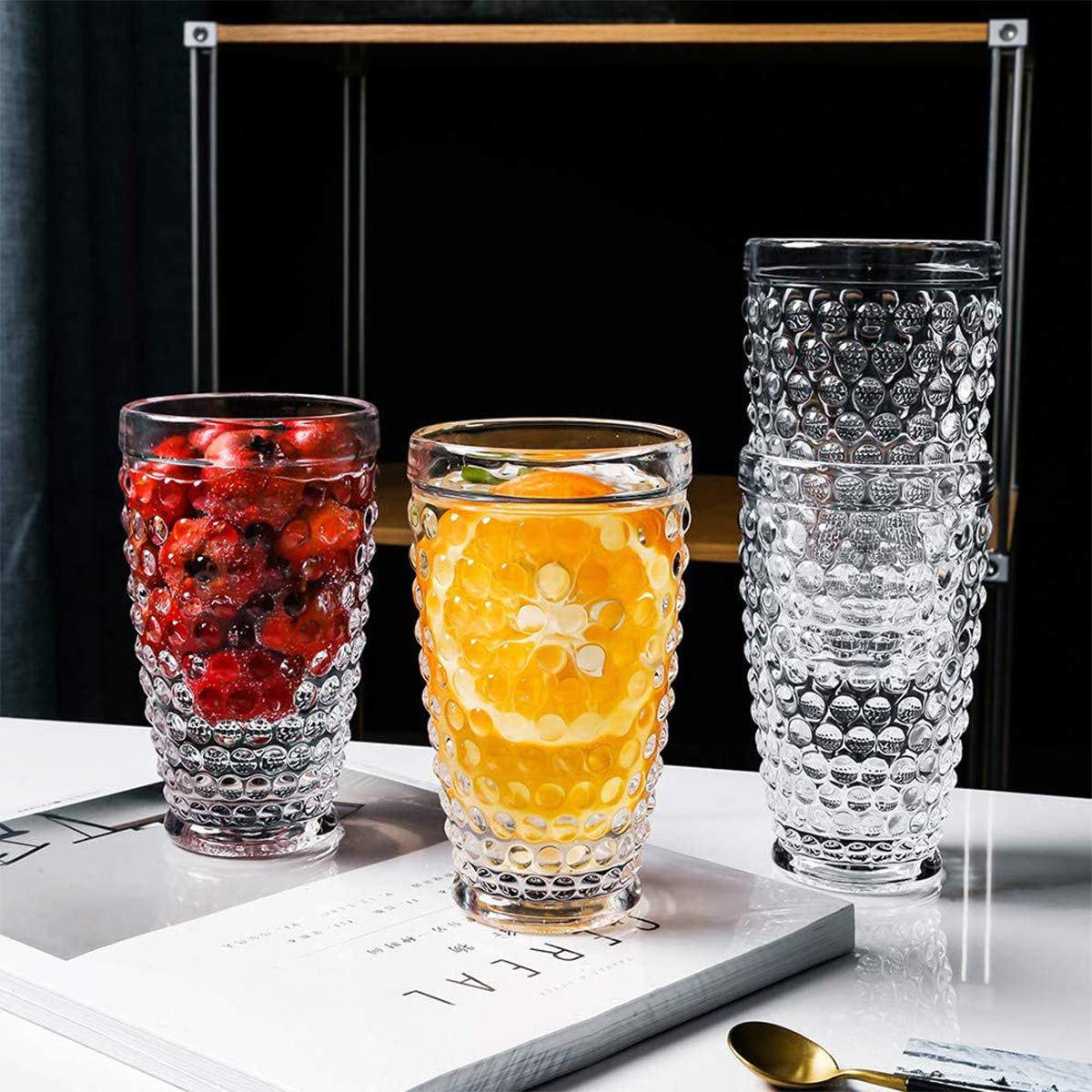 Hobnail Highball zestaw 6 szklanek 385 ml staromodny mrożony napój vintage zestaw do mleka piwa sodowego soku whiskey idealny na stół obiadowy imprezy bary restauracji (krystalicznie przezroczysty)