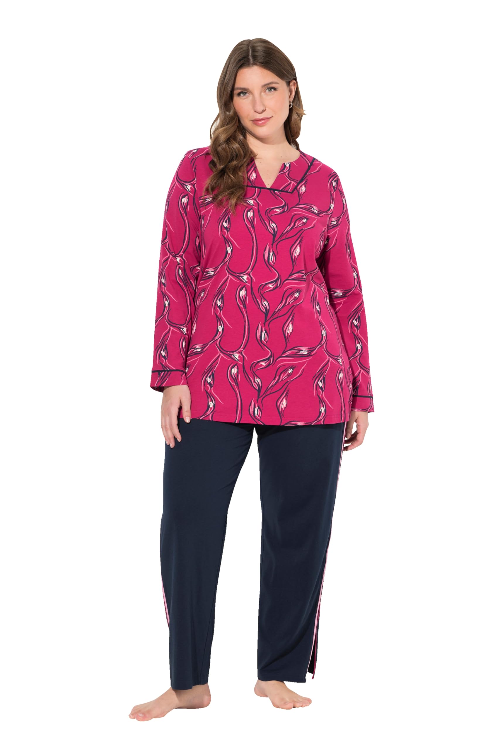 Ulla Popken Women's Floral Print V-Neck Long Sleeve Pyjama Set
