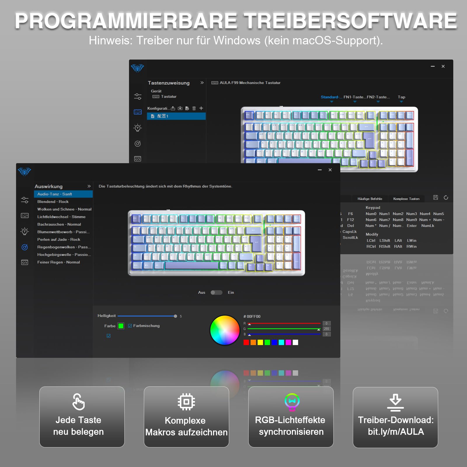 AULA F99 Kabellose Gaming Tastatur Mechanisch QWERTZ DE-Layout BT5.0 2.4G USB-C Gasket Hot Swap RGB PBT 8000mAh 95% (Weiß Grau)