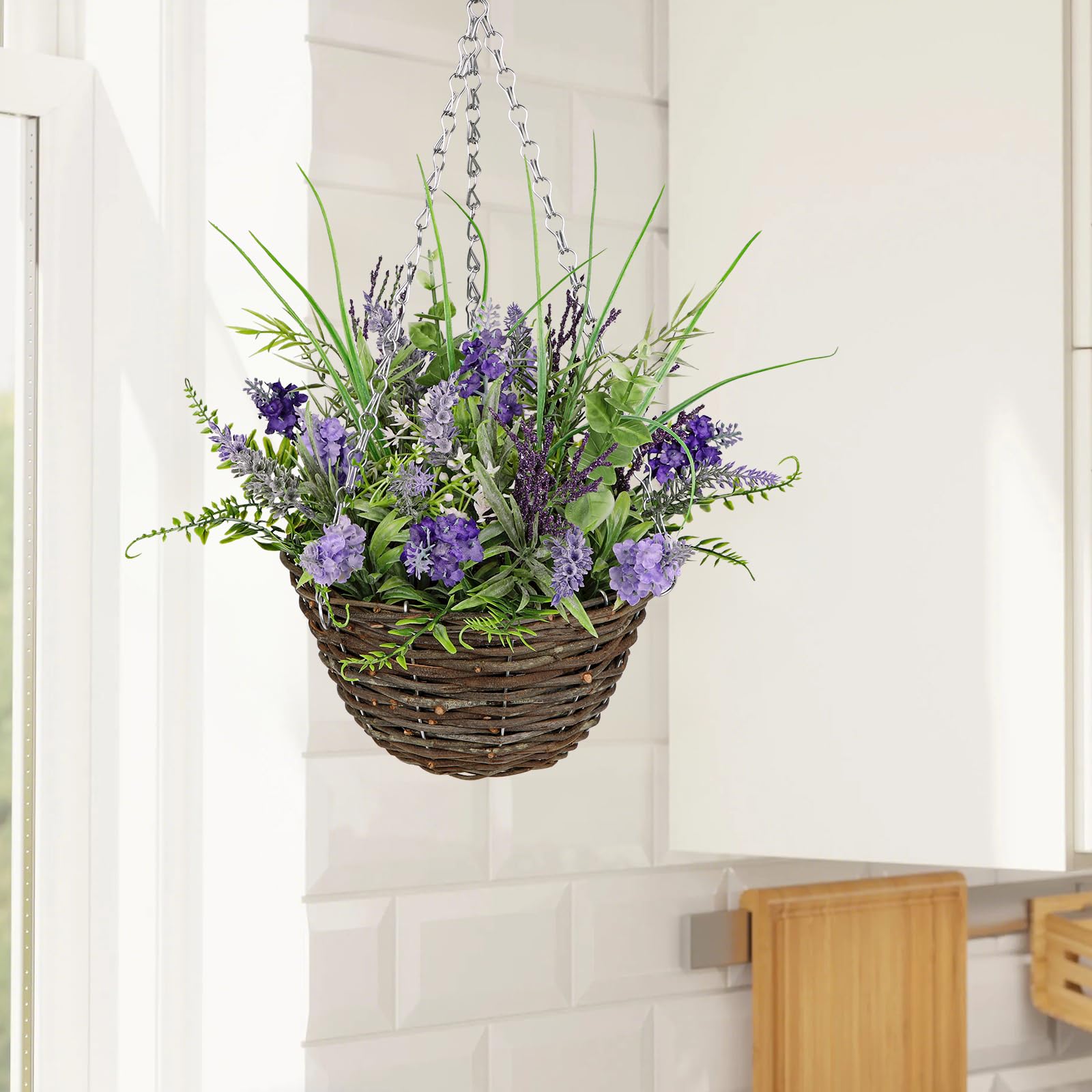 Arborus Artificial Hanging Basket 17.7" Fake Lavender Plants Hanging Baskets Realistic Silk Flower Baskets Faux Floral Basket with Greenery for Home Farmhouse Porch Patio Indoor Decor - Image 4