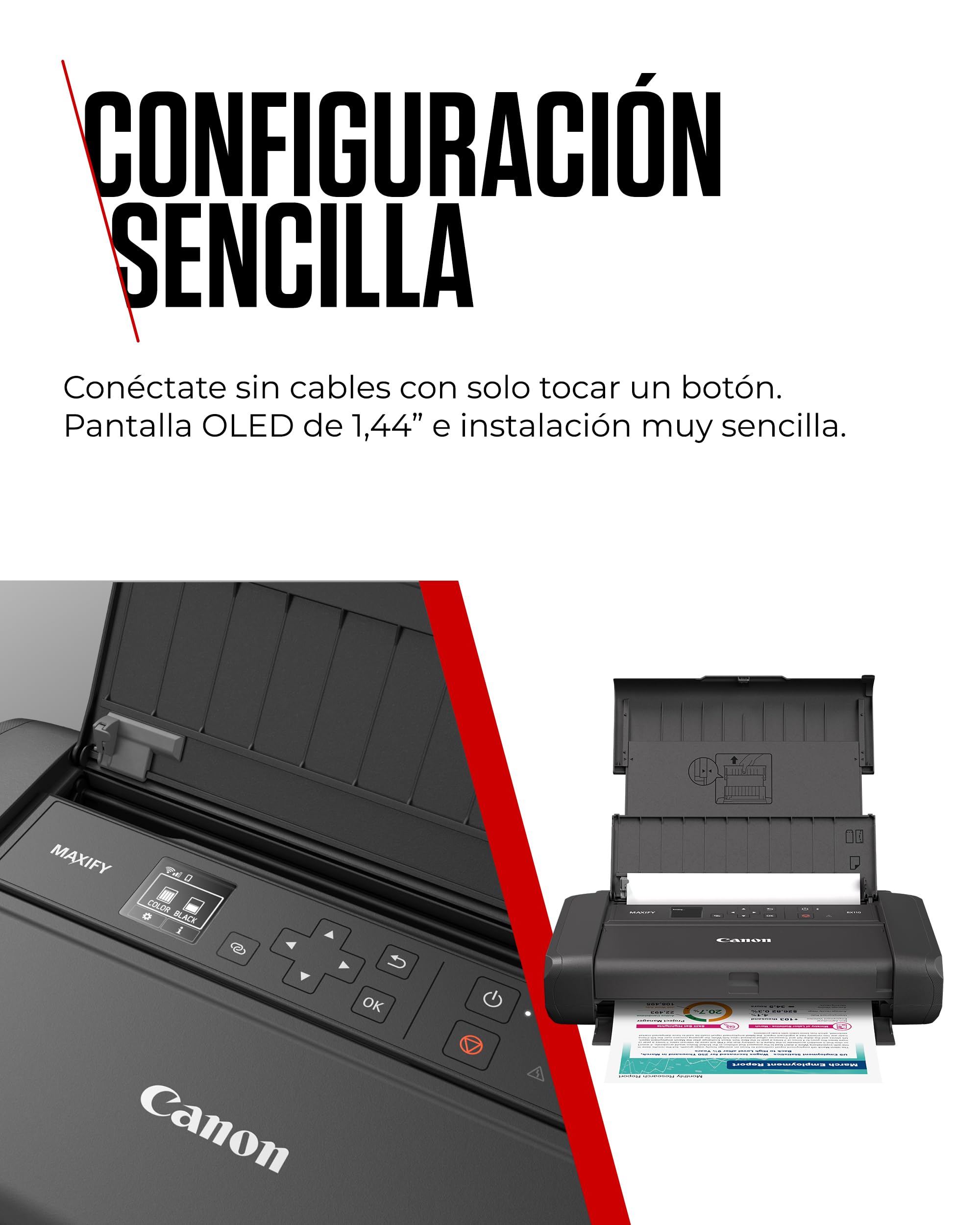 Canon MAXIFY BX110 Impresora Pequeña Inalámbrica - Batería Recargable - Imprime hasta A4 Desde Ordenador, Smartphone | Ideal para Teletrabajo y Viajes